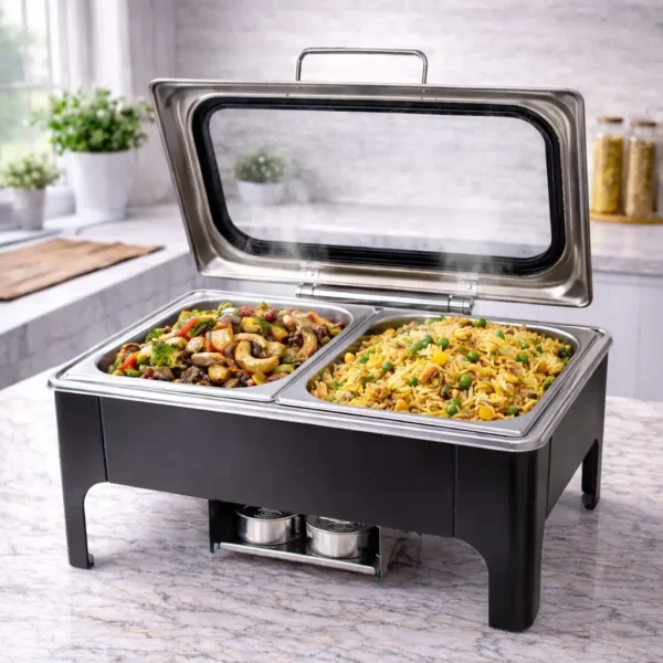 Dual-Compartment Chafing Dish with Glass Lid