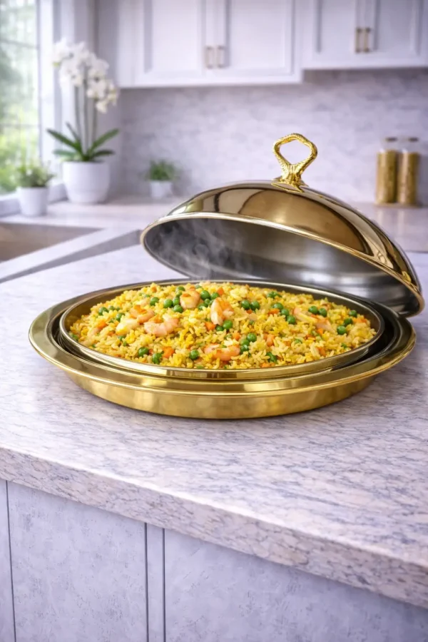Gold Stainless Steel Round Serving Dish with Dome Lid