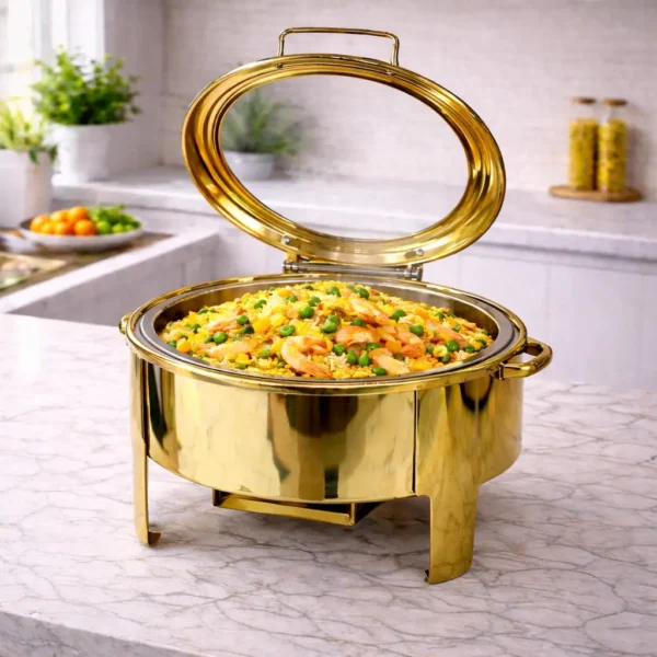 Round Gold Chafing Dish with Glass Lid