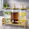 Luxury Triple Glass Beverage Dispenser Set with Wooden Stand