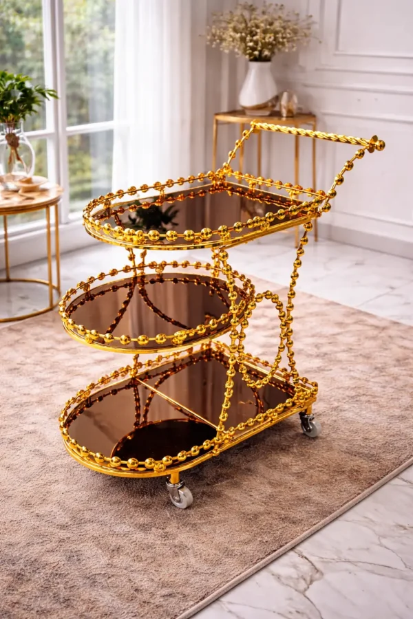 Luxury Gold 3-Tier Serving Trolley with Mirrored Shelves