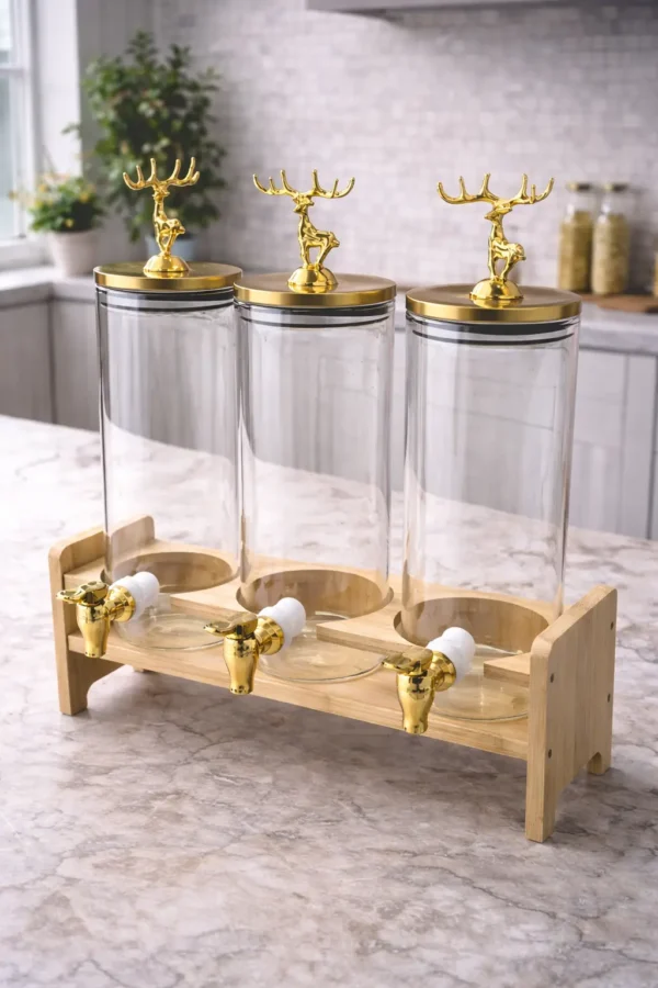 Luxury Triple Glass Beverage Dispenser Set with Wooden Stand