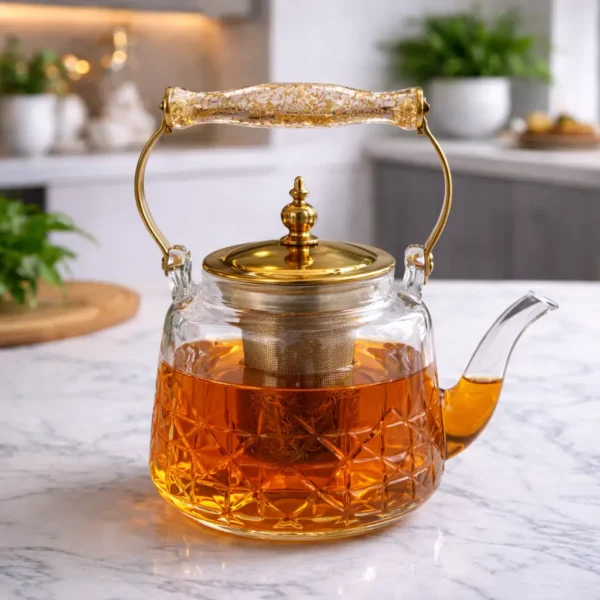 Crystal Glass Tea Pot with Gold Finish & Infuser