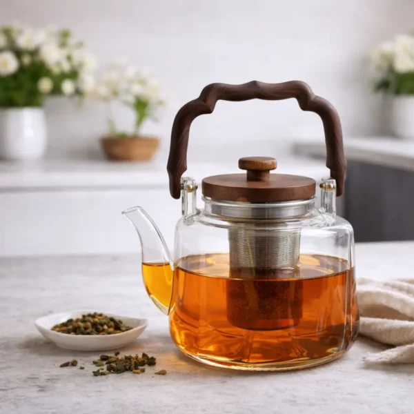 Heat-Resistant Glass Teapot with Wooden Handle & Infuser