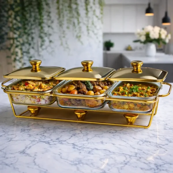 Glass Chafing Dish with Gold Stand & Lids