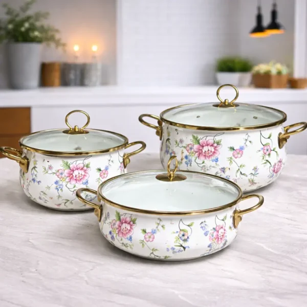 Floral Enamel Casserole Set with Glass Lids