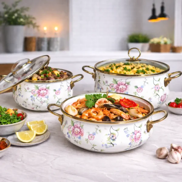 Floral Enamel Casserole Set with Glass Lids
